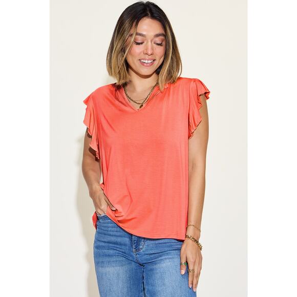 BASIC BAE Coral Bamboo Notched V-Neck Ruffled Short Sleeve Top Misses NEW - Picture 1 of 4